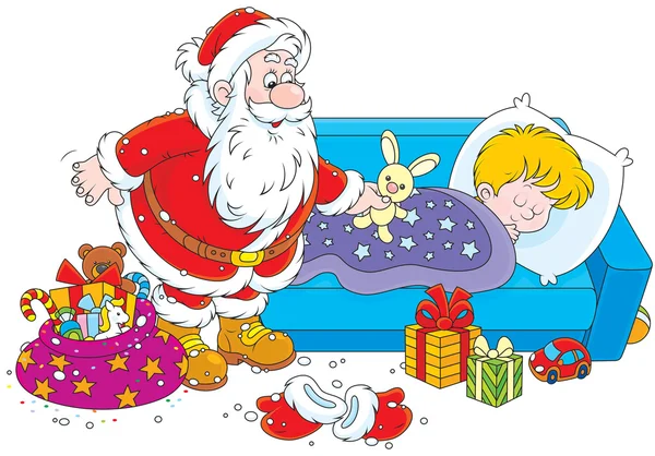 Weihnachtsmann mit Geschenken für ein Kind — Stockvektor
