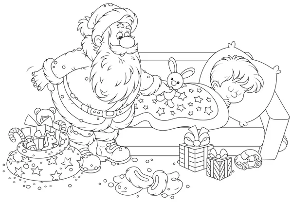 Santa with gifts for a child — Stock Vector