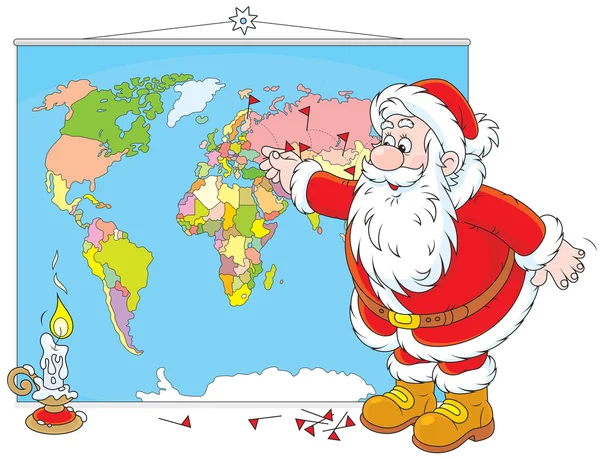 Santa Claus with a world map — Stock Vector
