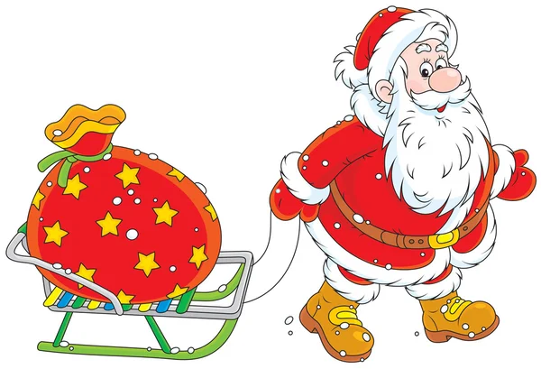 Santa met certificaat en cadeauzakje — Stockvector