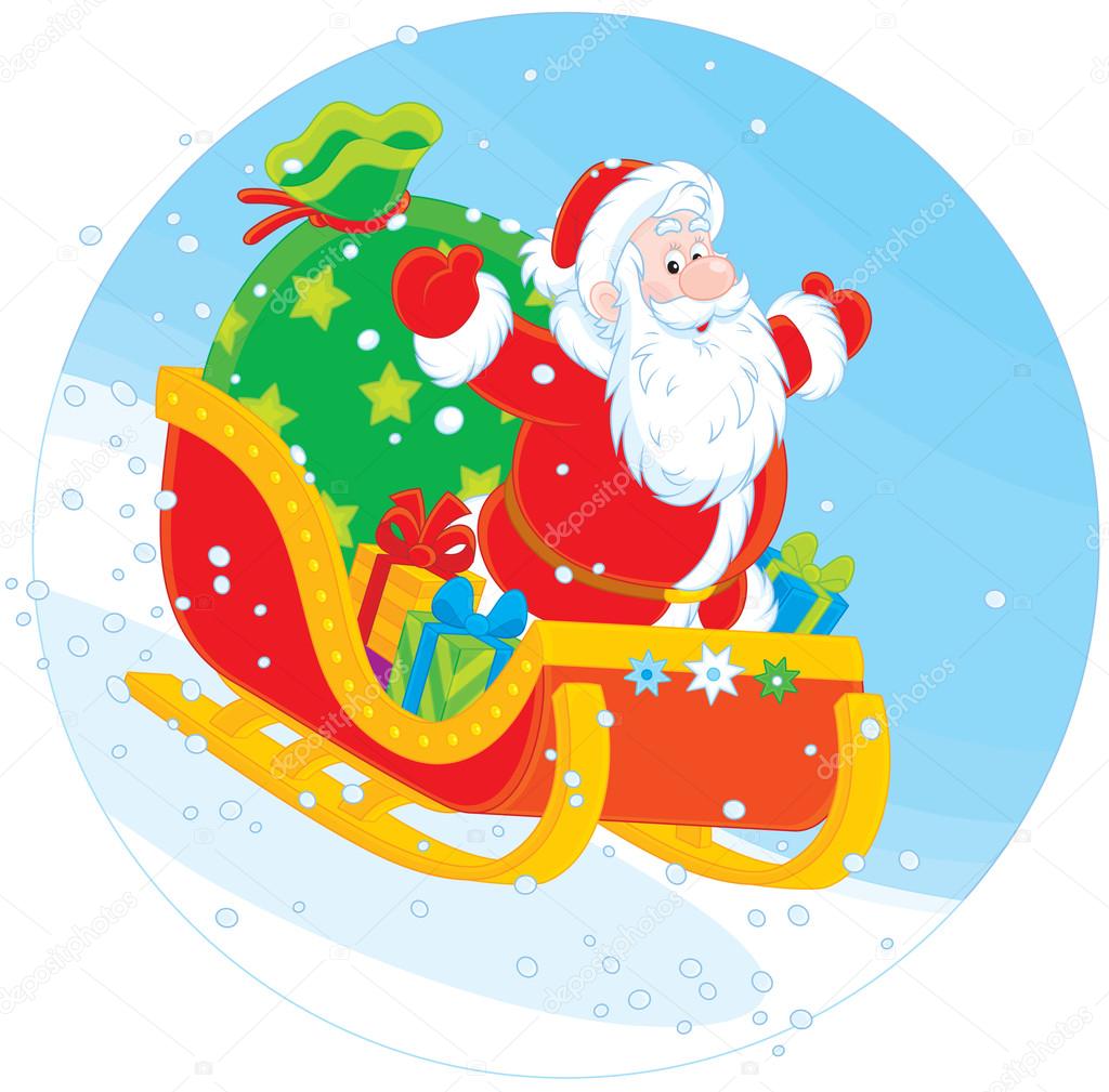 Santa Claus sledding with gifts