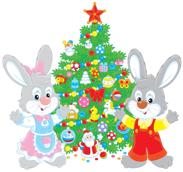 Conejos y árbol de Navidad — Archivo Imágenes Vectoriales