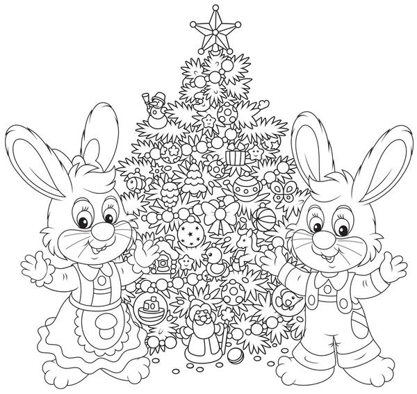 Conejos y árbol de Navidad — Vector de stock