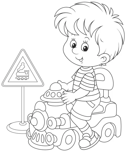 Niño en un tren de juguete — Vector de stock