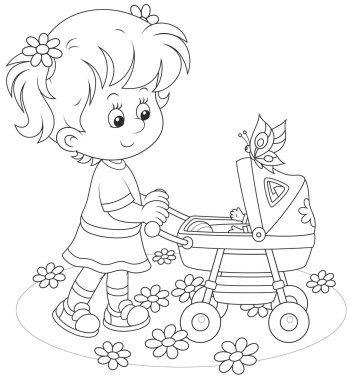 Bir oyuncak bebek arabası ile kız