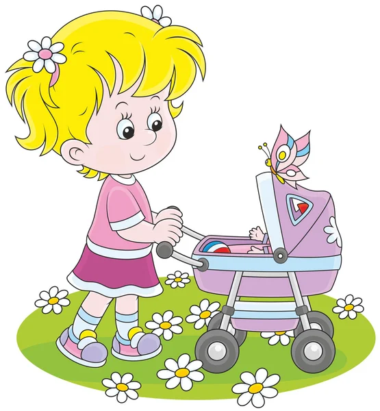 Flicka med en leksak baby buggy — Stock vektor