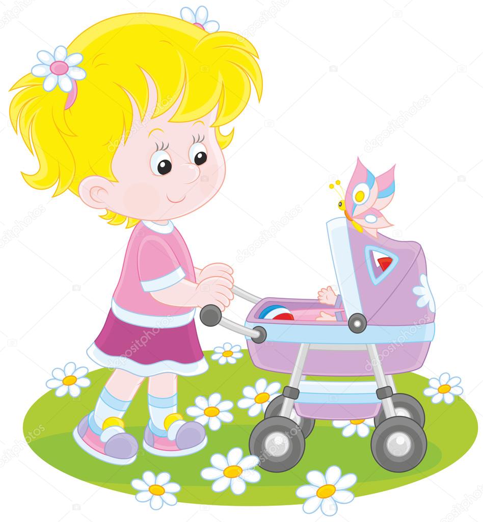 Girl with a toy baby buggy