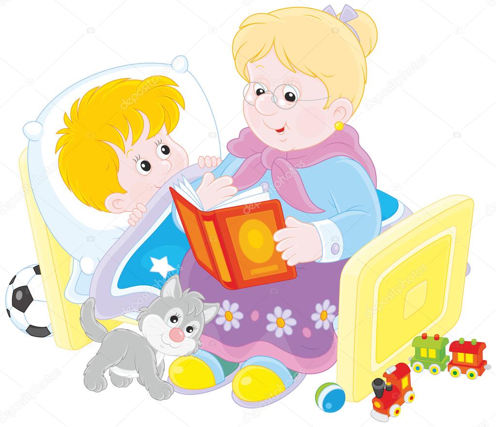 Granny and grandson reading fairytales
