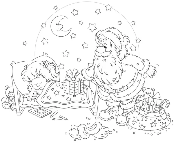 Santa con regalos para un niño — Vector de stock