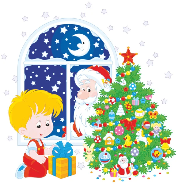 Santa and Boy with Christmas gift — Stock Illustration Santa and Boy with Christmas gift Royalty Free Stock Illustrations