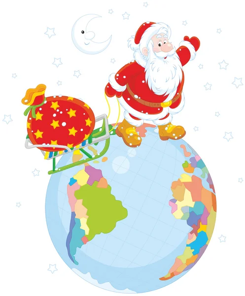 Santa con regalos en un globo — Vector de stock