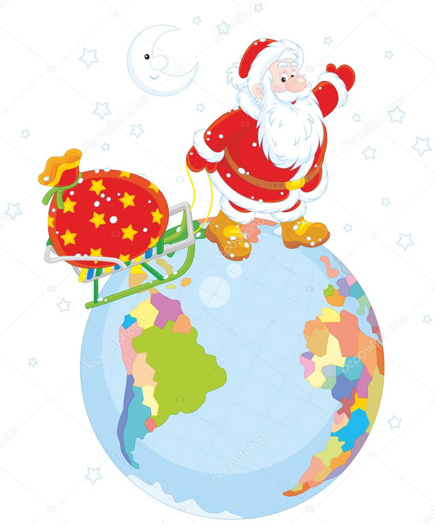 Santa with gifts on a globe
