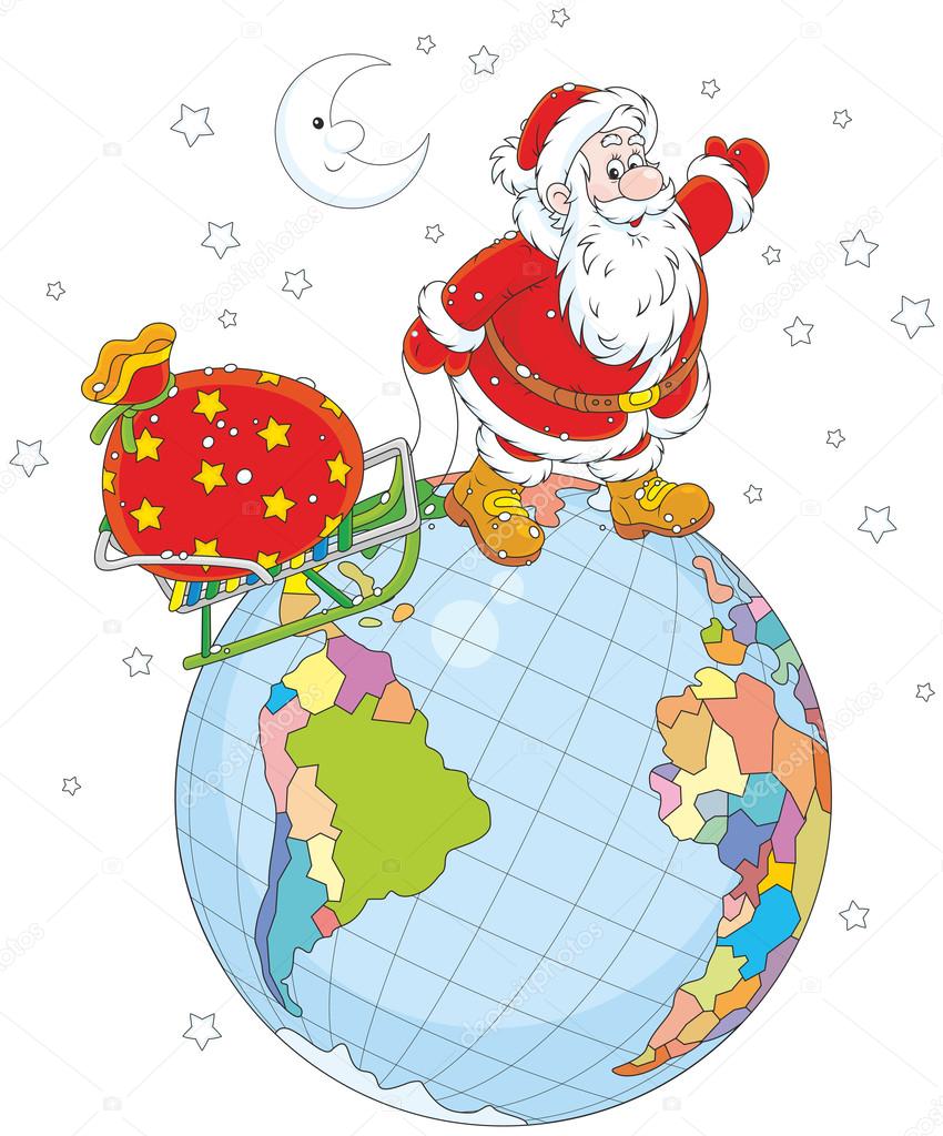 Santa with gifts on a globe