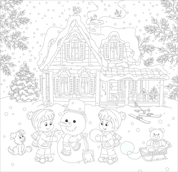 Children making a snowman — Stock Vector