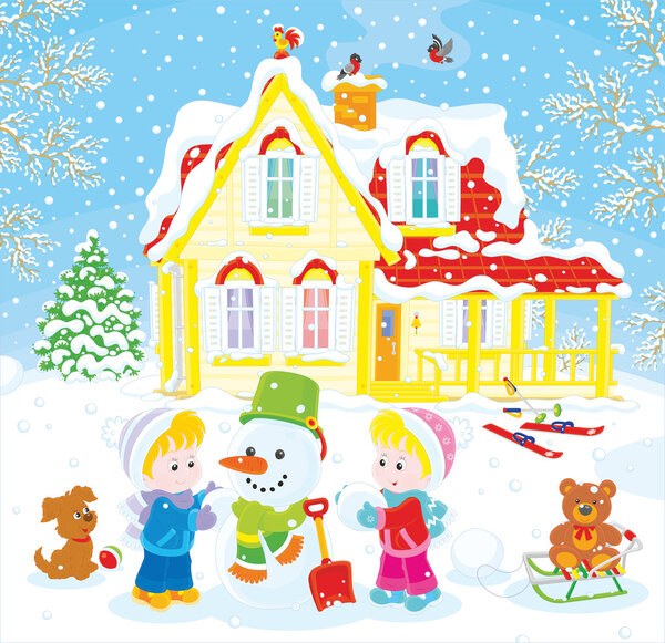 дети делают снеговика
