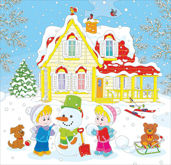 дети делают снеговика
