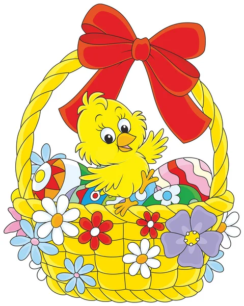 Easter Chick in a decorated basket — Stock Vector