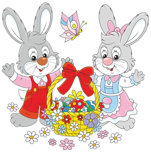 Tarjeta de Pascua con conejos — Vector de stock