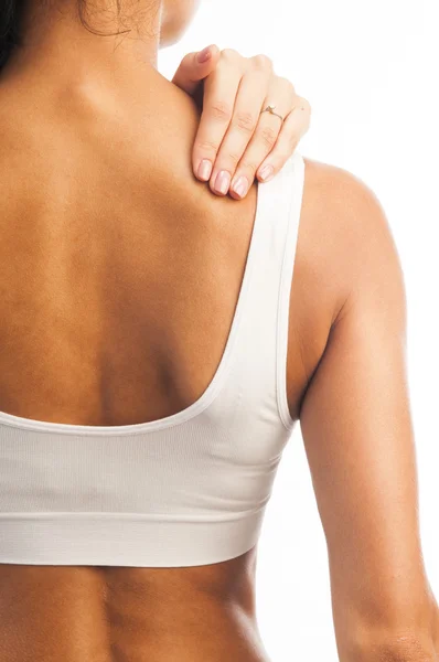 Mulher com dor no ombro — Fotografia de Stock