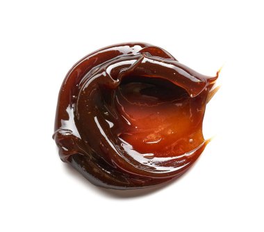Çikolata renkli jel lekesi ve doku. Beyaz zemin üzerinde kozmetik jel veya karamel şurubu