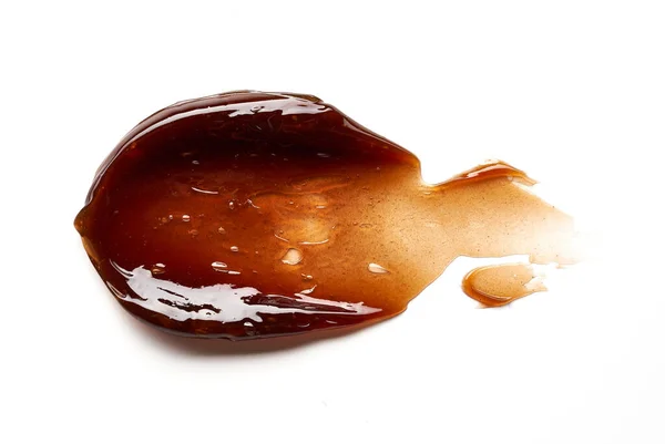 Chocoladekleurige Gel Uitstrijken Textuur Cosmetische Gel Karamelsiroop Witte Achtergrond — Stockfoto