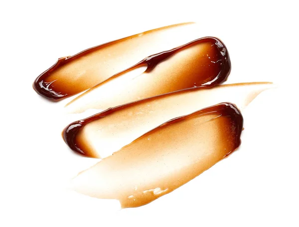 Chocoladekleurige Gel Uitstrijken Textuur Cosmetische Gel Karamelsiroop Witte Achtergrond — Stockfoto