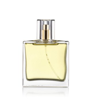 Beyaz arka planda izole edilmiş zarif tasarım cam parfüm kavanozu..