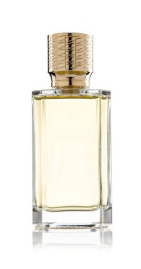 Beyaz arka planda izole edilmiş zarif tasarım cam parfüm kavanozu..