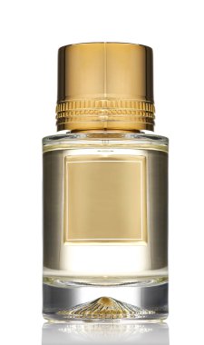 Beyaz arka planda izole edilmiş zarif tasarım cam parfüm kavanozu..