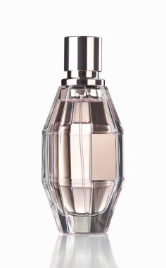 Beyaz arka planda izole edilmiş zarif tasarım cam parfüm kavanozu..