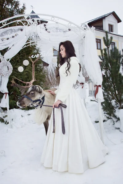 Bella sposa in mantello di pelliccia con renna — Foto Stock