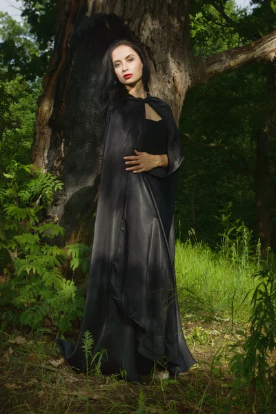 Beautiful brunette woman in black dress and black cloak — Stock Photo, Image