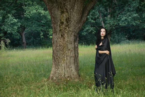 黒ドレスと黒マントの美しいブルネットの女性 — ストック写真