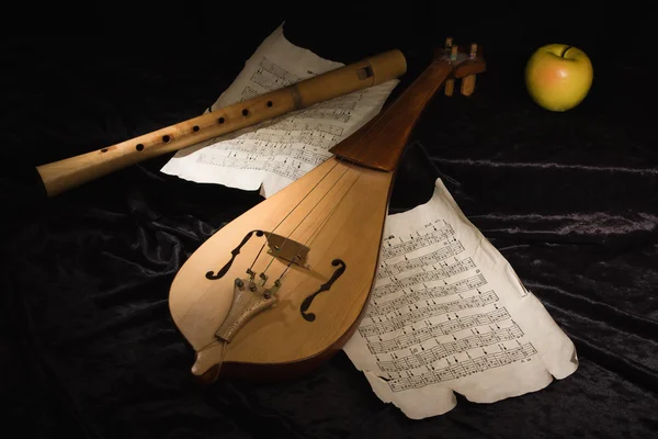 Violín renacentista (rebec) y grabadora de alto — Foto de Stock
