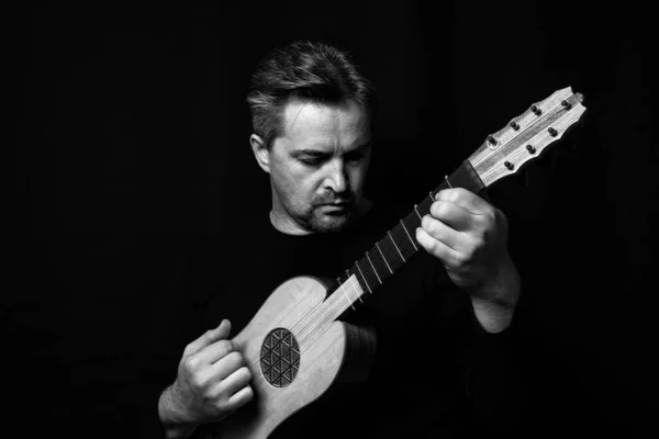 Adult Man Playing Renaissance Guitar — Stock Photo, Image