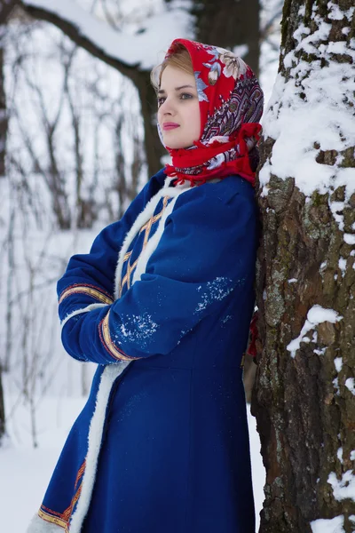 Rus güzellik kadın geleneksel giysiler içinde — Stok fotoğraf