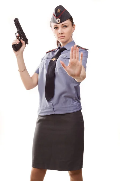 Ruská žena policejní důstojník s pistolí — Stock fotografie