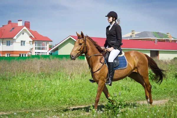 Schöne junge Mädchen Jockey Reiten Pferd in einem Feld — Stockfoto