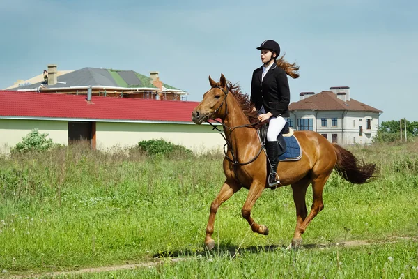 Beautiful girl jockey ridding horse in a field — Stock Photo, Image