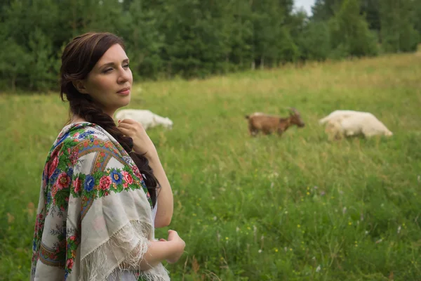 Русская женщина пасущая коз — стоковое фото