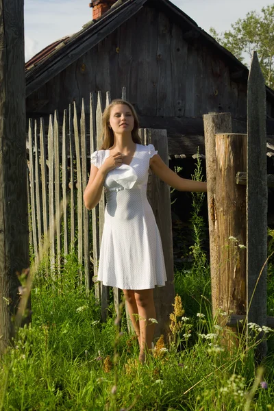 Menina em vestido retro no fundo da cabana — Fotografia de Stock