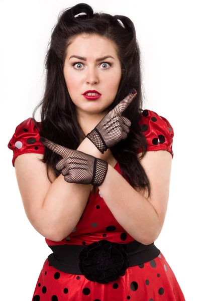 Frightened pin-up girl can not choose a direction — Stock Photo, Image