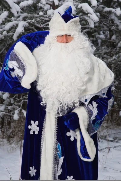 Ded Moroz (Father Frost) con sacchetto di regali nella foresta invernale — Foto Stock