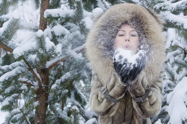 Jovem mulher na floresta de inverno — Fotografia de Stock