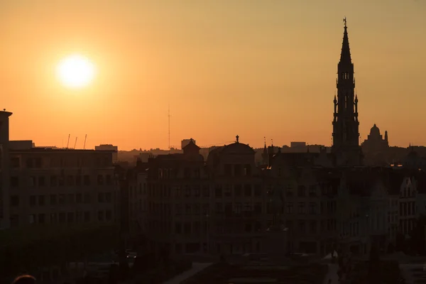 Katedra i posąg króla Alberta I o zachodzie słońca, Brussel — Zdjęcie stockowe