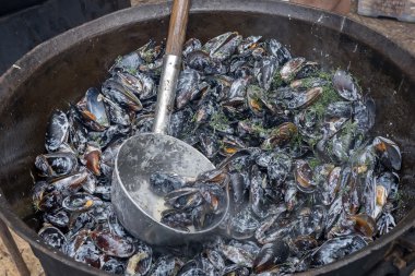 Kazan içinde midye ile kase