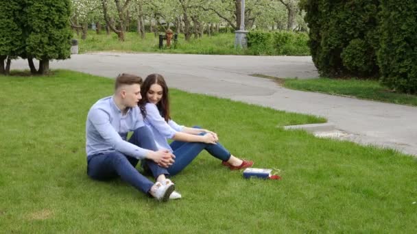 Jeune couple baisers assis sur herbe verte en plein air — Video