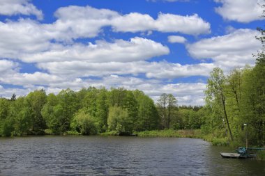 Mavi gökyüzü bulutlar, göl ve orman