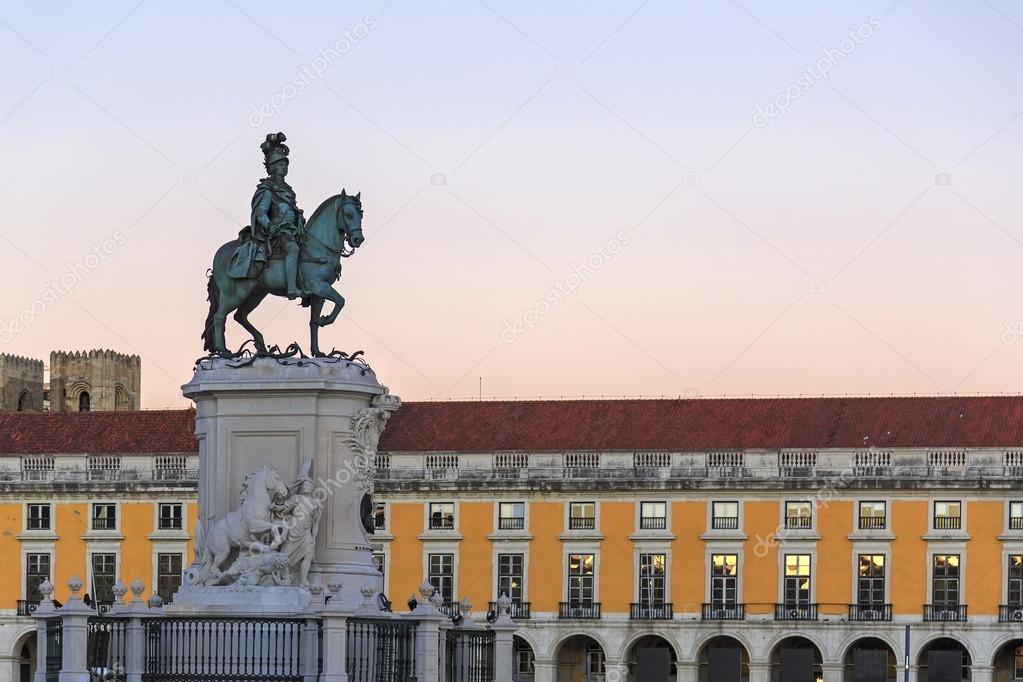 King Jose I statue near Lisbon Story Center at sunset