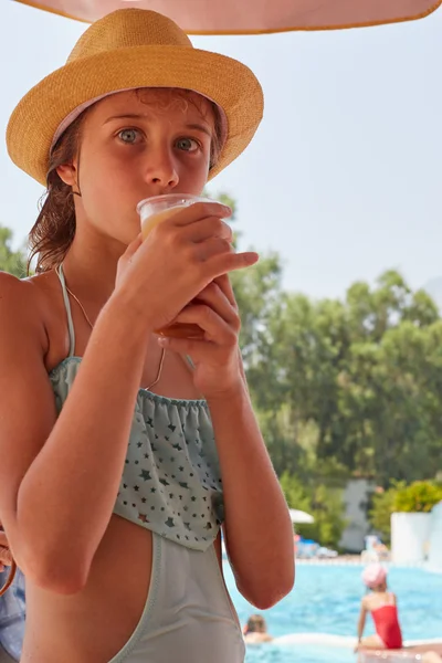 Retrato de chica beben jugo fresco, verano montaña landsc Imagen De Stock